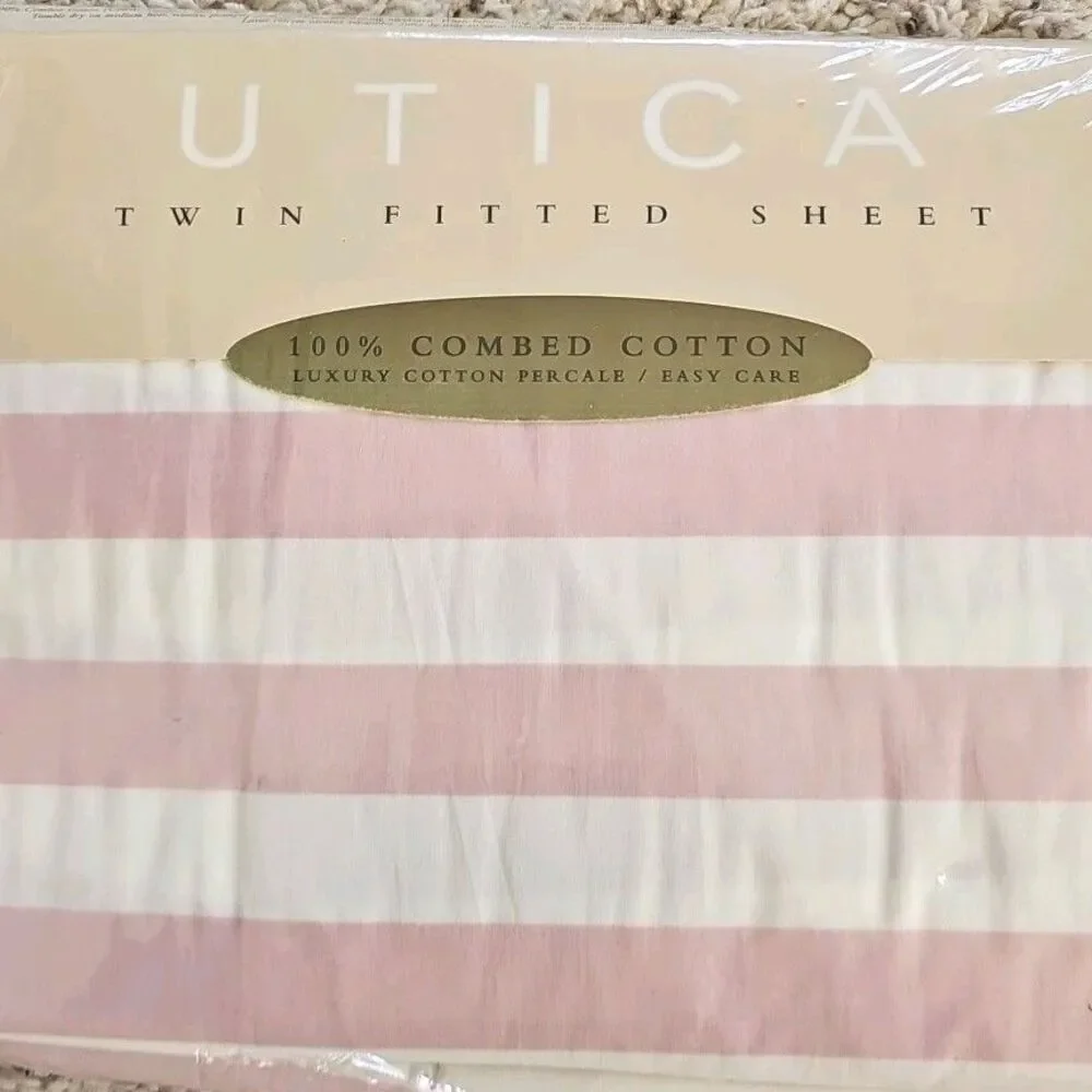 Vtg Utica Serina Luxury Percale Twin Fitted Sheet NEW USA Cotton Pink Stripe